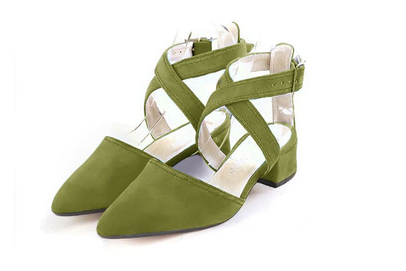 Dress closed-toe heels crossed straps in pistachio green leather with low flare heels and tapered toe - Front view